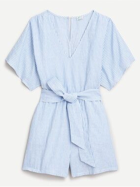 Vintage J. crew Beachwear Cotton-Linen Beach Romper in stripe blue Size S